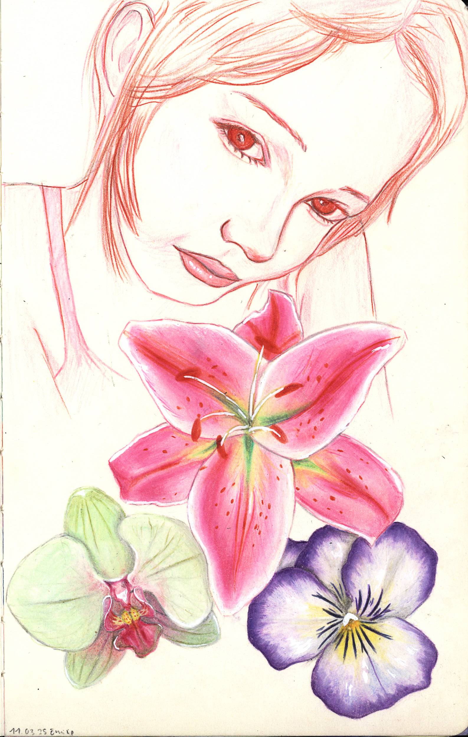 Blumen und Gesicht mit Buntstiften